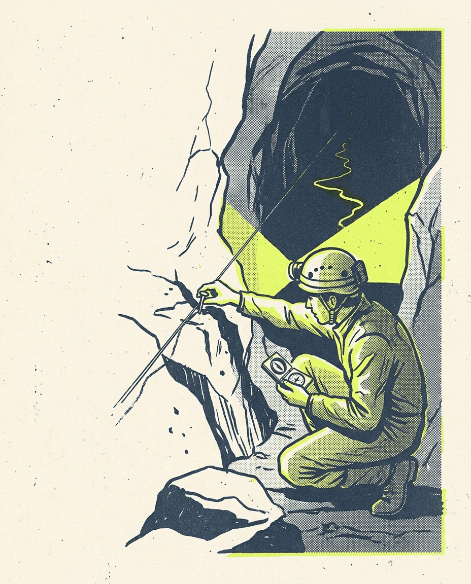 A surveyor's headlamp sweeps a dark junction of unsurveyed passages